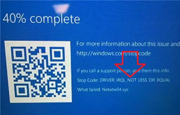 Screen shot of the blue screen error driver_irql_not_less_or_equal