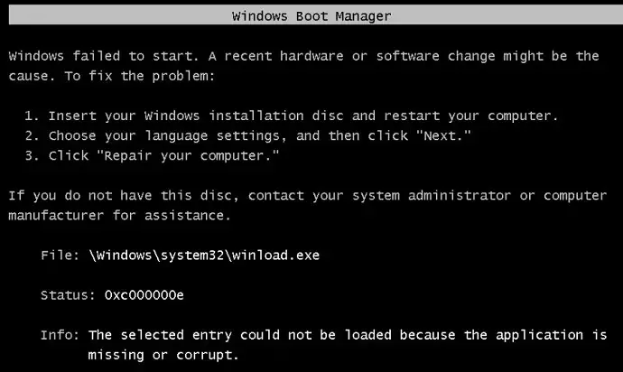 Windows 10 Boot Error Code 0xc00000e
