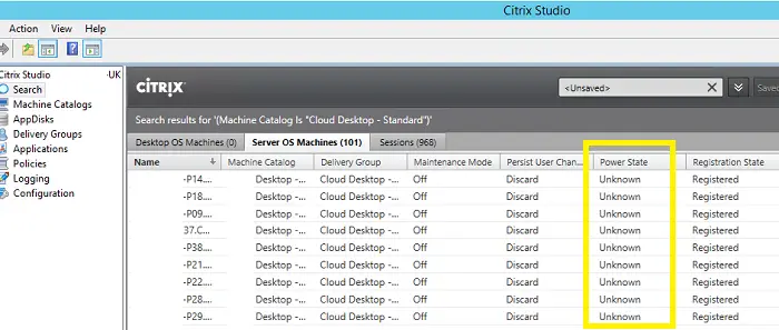 Citrix VDA Power State Shows as Unknown