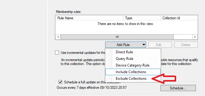 adding exclude rule to sccm device collection