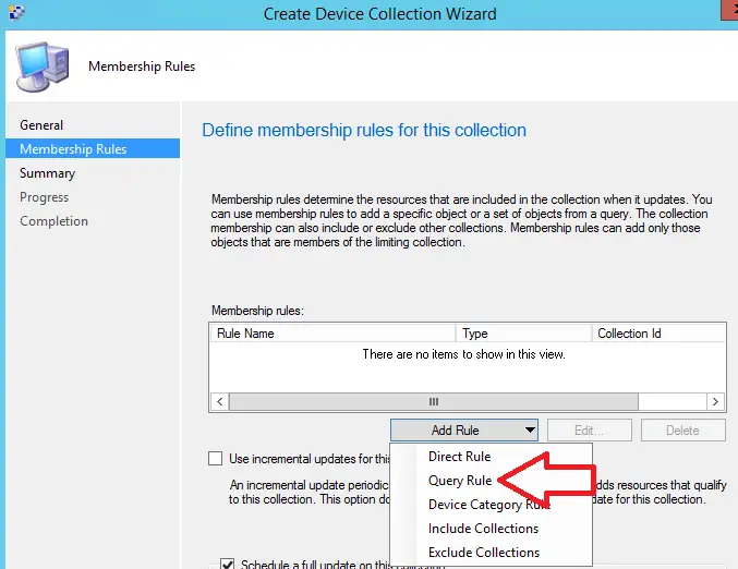 create SCCM device collection via query rule