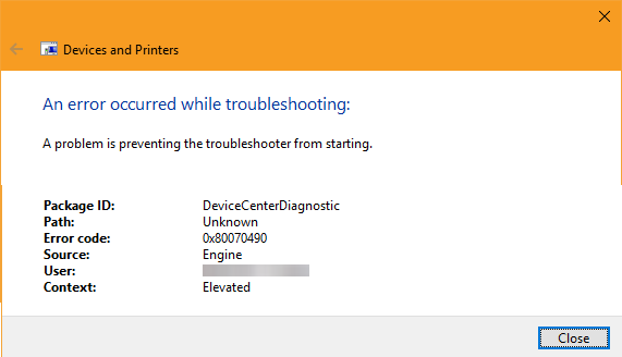 a problem is preventing the troubleshooter from starting 0x80070490